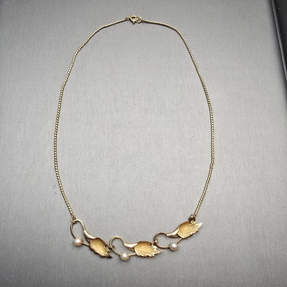 VTG De Curtis DEC 14K Gold Filled Pearl Leaf Choker Necklace 14" Mid‑Century 50s - Picture 16 of 16